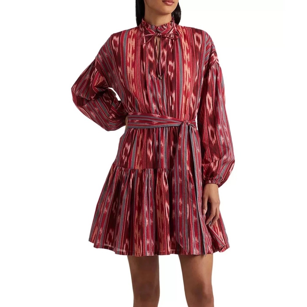 Lauren Ralph Lauren Dress Women 16 Red Ikat Print Long Sleeve Ruffle Neck Mini